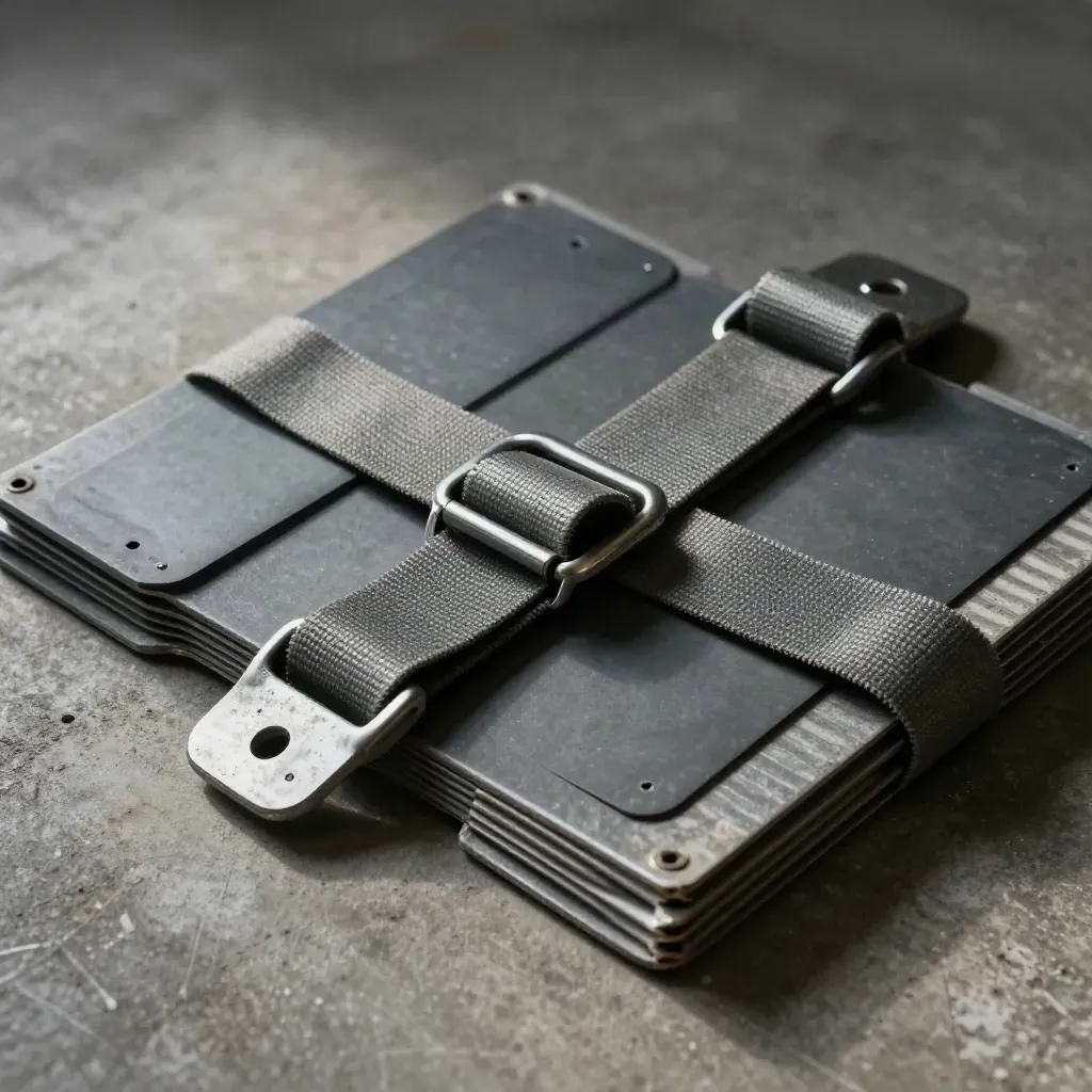 Cargo seal tags, ratchet strap buckles, and corner protectors on concrete, lit dramatically.