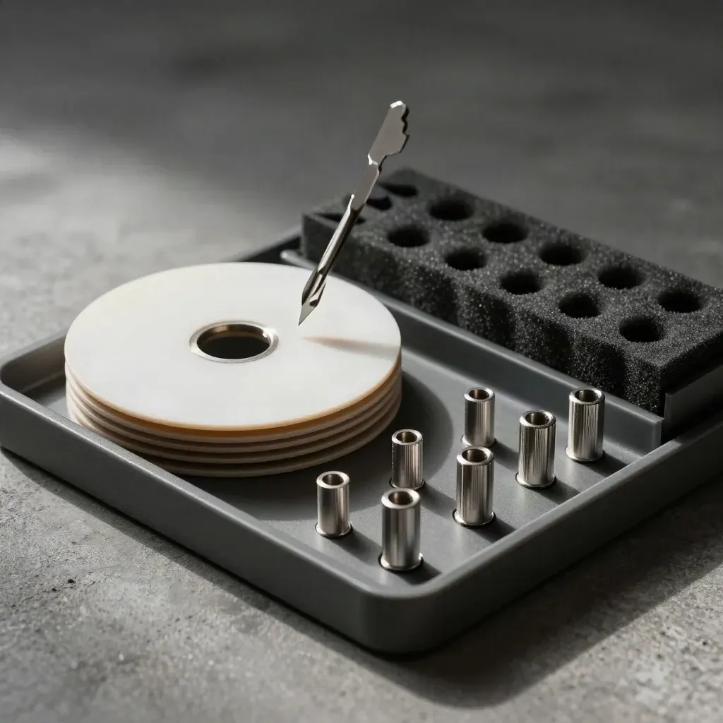 Silicon wafers, ferrules, and a matte tool block in a dramatic industrial still life.
