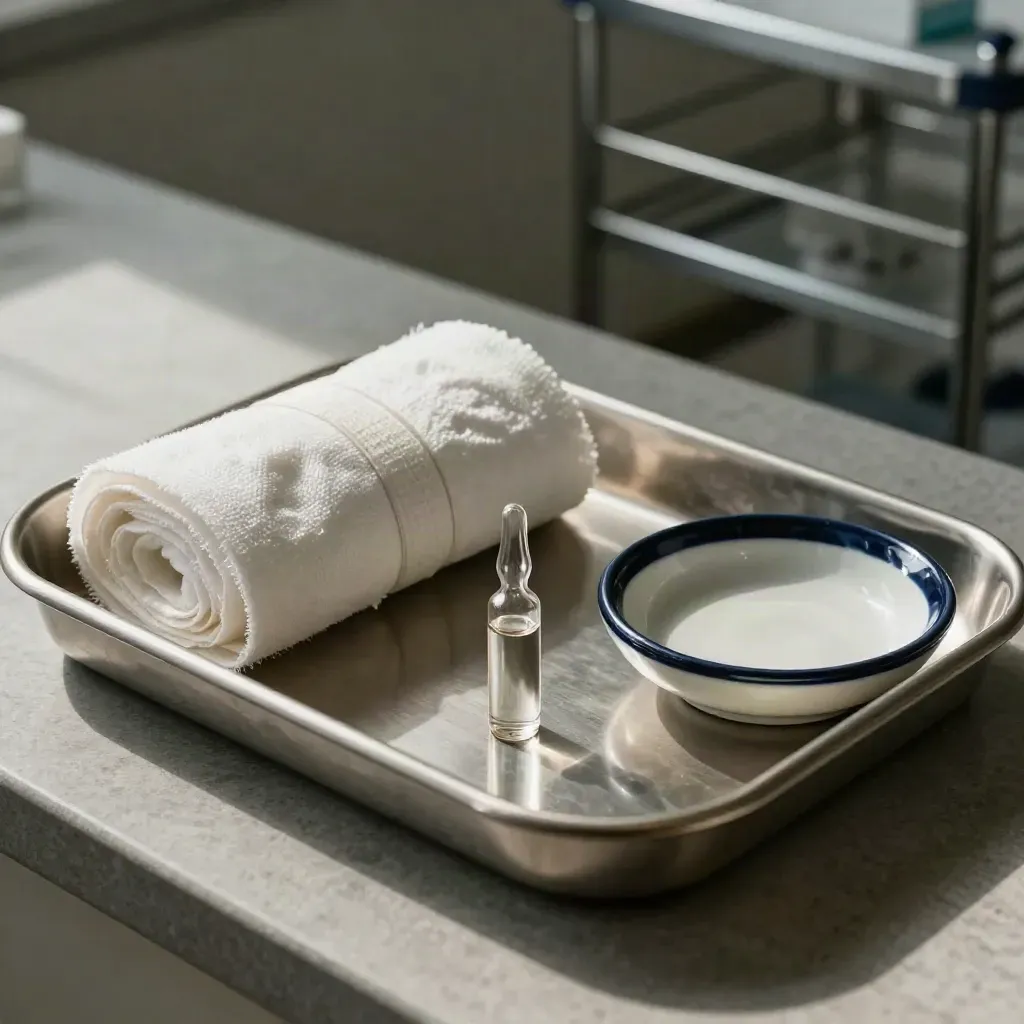 Stainless tray with ampoules, gauze rolls, and ceramic dish on a cool clinical surface.