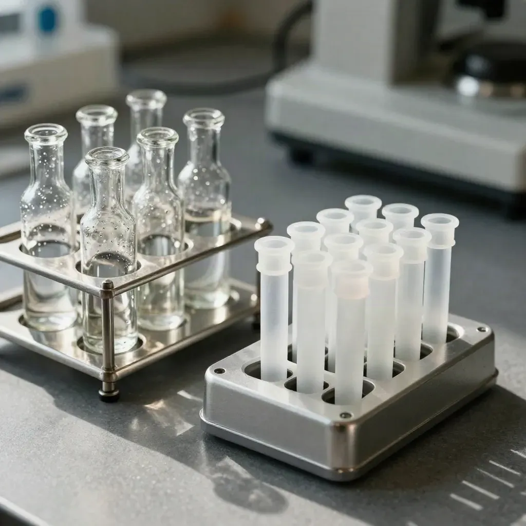 Overhead lab still life of reagent vials in steel rack beside a frosted microtube carousel
