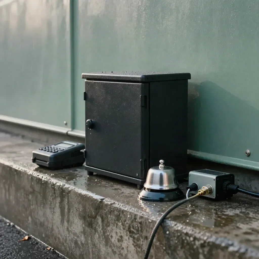 Relay box, pager, alarm bell and cables on a wet concrete ledge at dawn