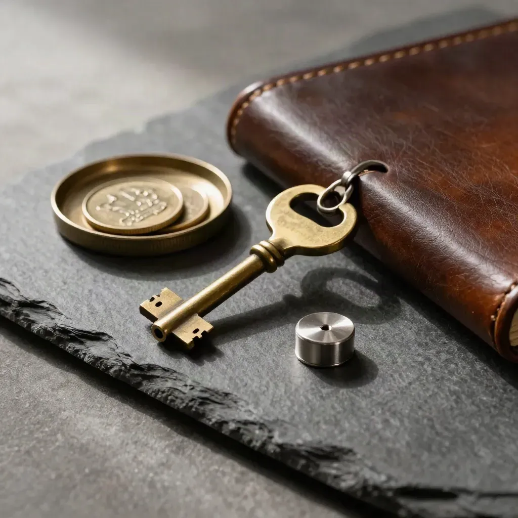 Vault key ring, coin tray, lock cylinder and leather ledger on a stone surface.