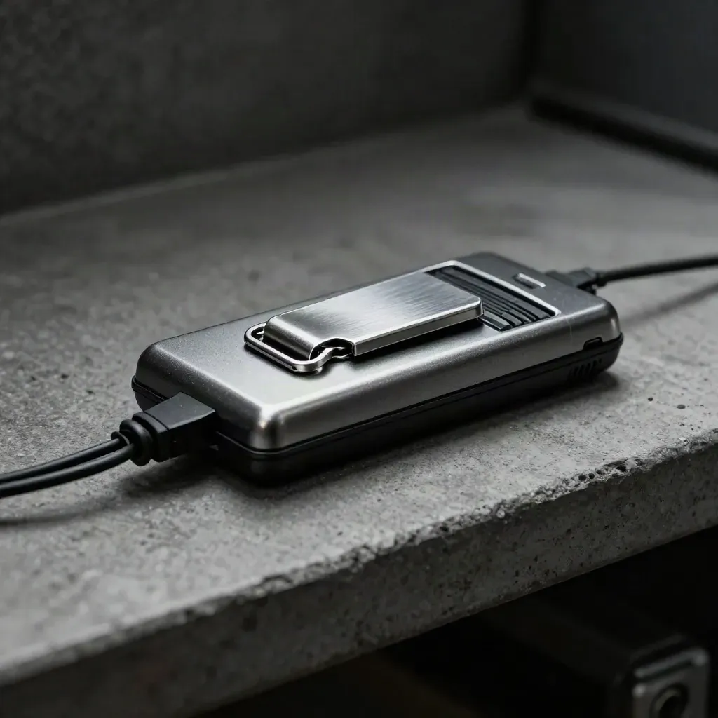 Rugged pager, coiled lead, and clip case on a slate concrete shelf with dramatic shadow