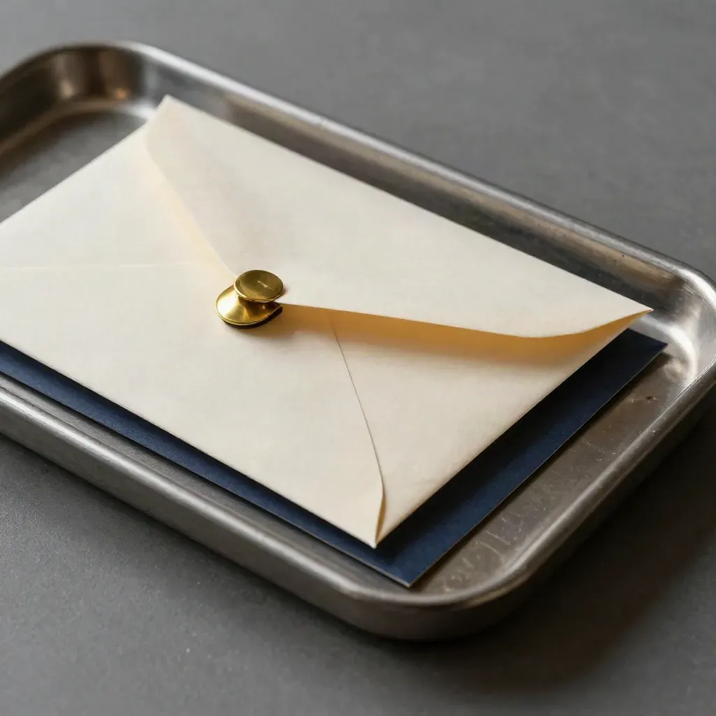 Macro still life of envelopes sliding from a steel tray with a brass clip and navy accent.