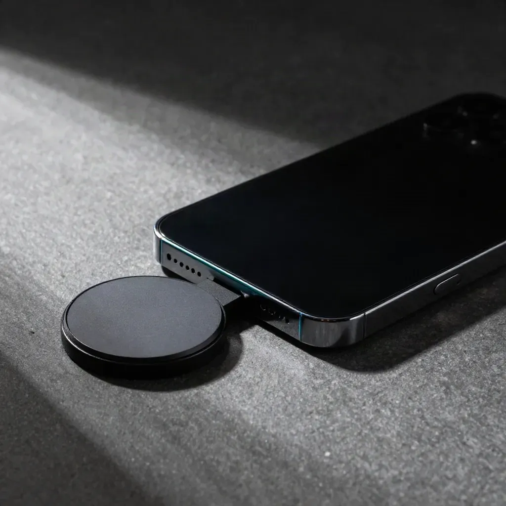 Face-down smartphone beside a wireless charging puck on a matte stone surface
