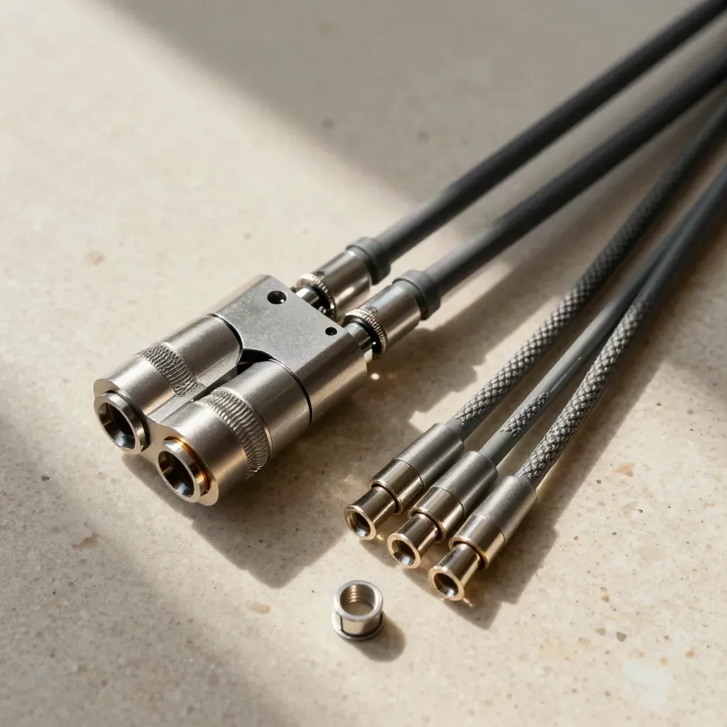 Top-down still life of connector hardware with patch leads and couplers on travertine.
