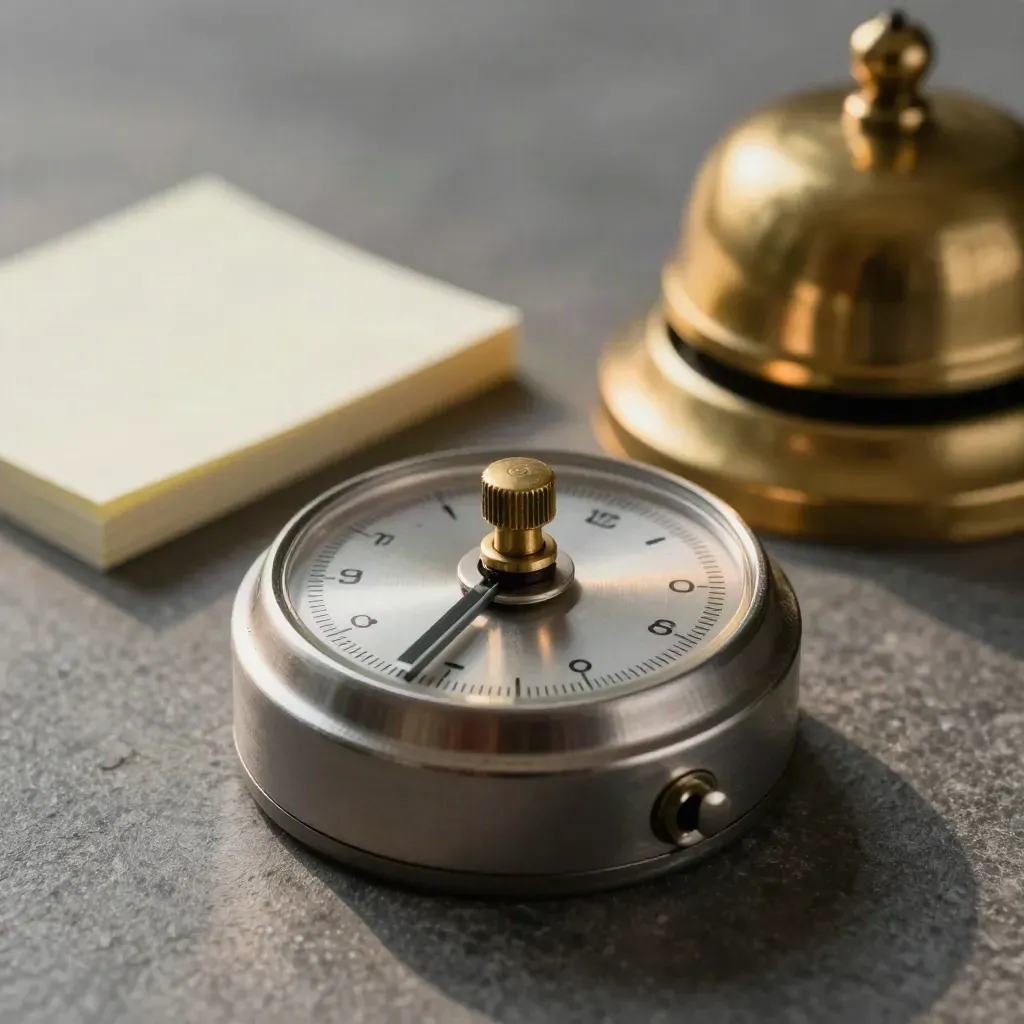 Macro still life of a wind-up timer, brass bell, and white reminder discs on stone.