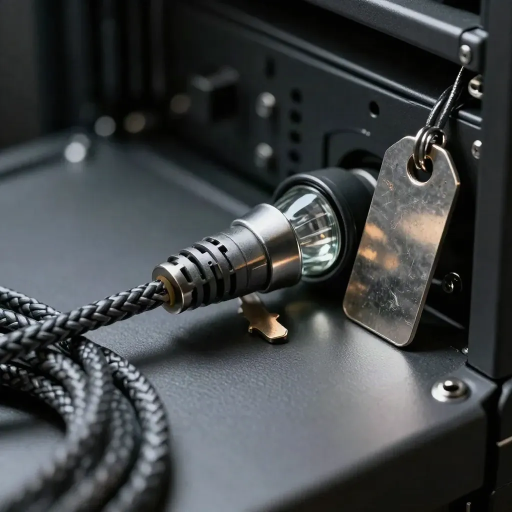 Close-up of rack gear, cable, beacon lens, and safety tag in moody light.