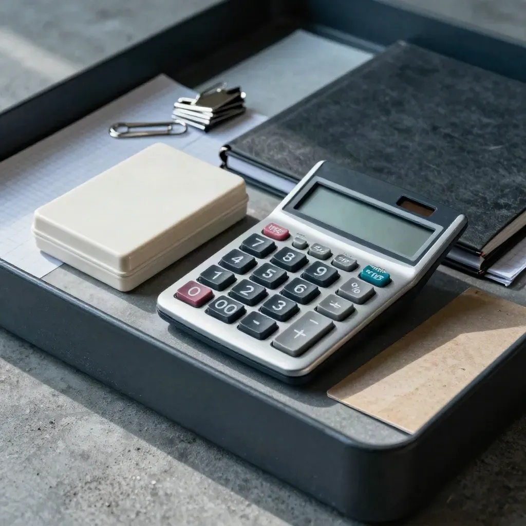 Macro still life of analyst tools: calculator, notebook, paper clips and index box through a file tray