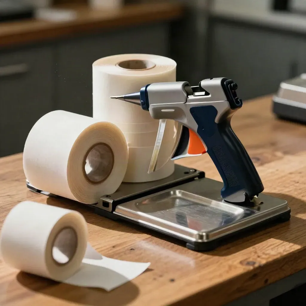 Receipt rolls, tape gun, coin tray and postal scale base on a honey-oak packing counter