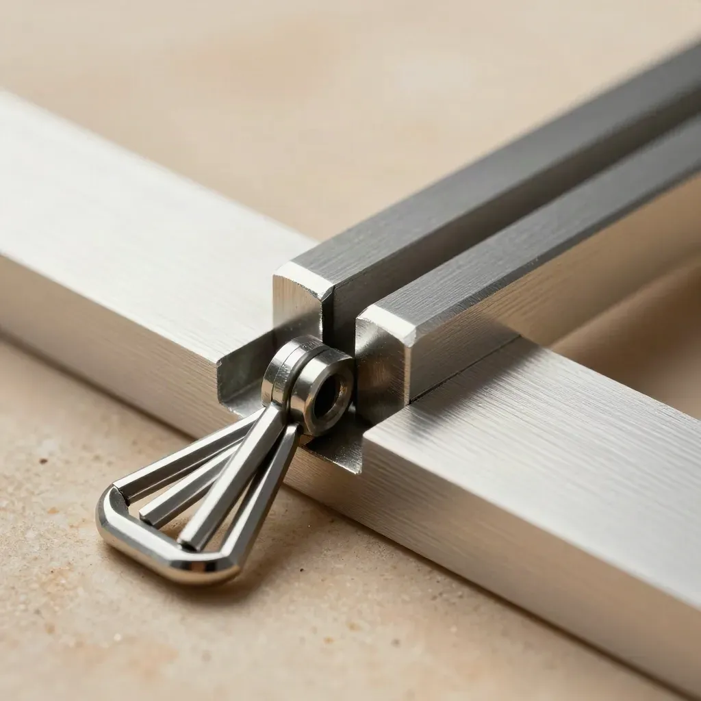 Macro still life of aluminum dovetail blocks, hex keys, and a steel bridge on warm limestone.