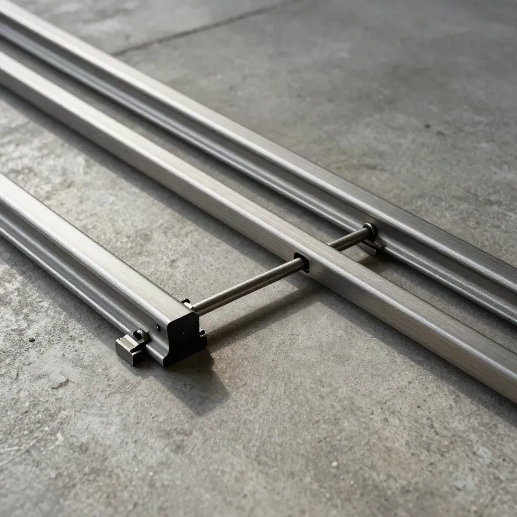 Top-down rails and connectors crossed by a slim bar on concrete-grey stone, lit with soft directional light.