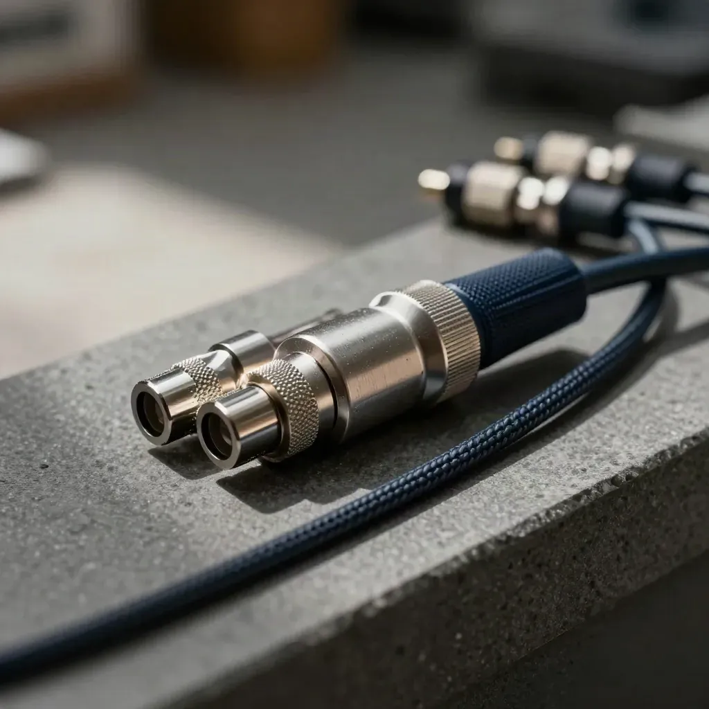 Brushed junction hub with braided sensor probes fanned across a dark matte ledge in soft daylight.
